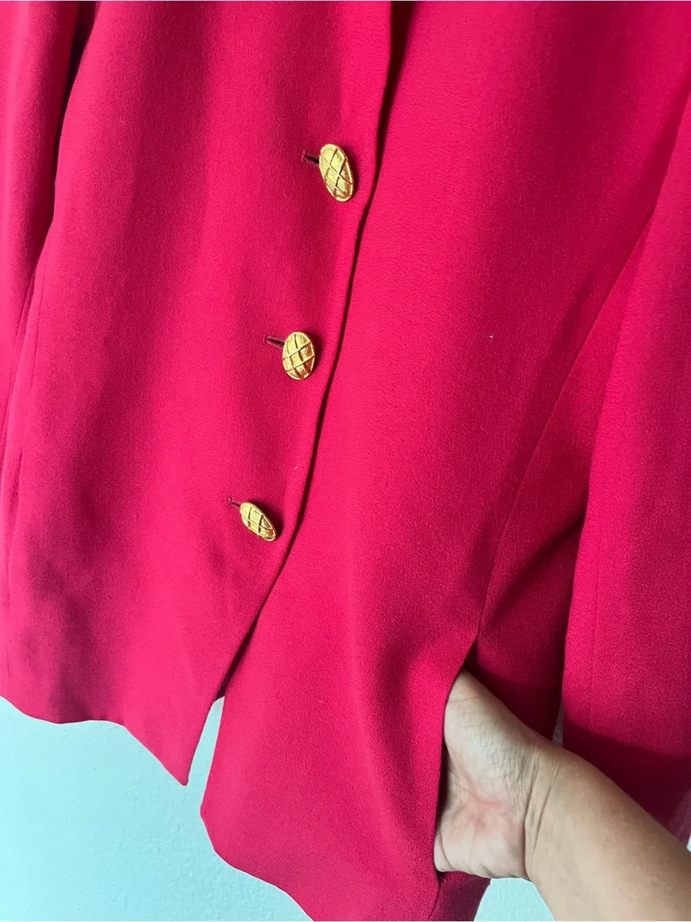 Dior Red Collarless Blazer with Gold Buttons vintage wood luxury